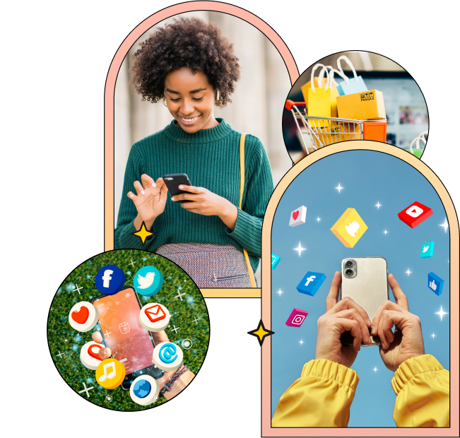 A collection of social platform icons around a mobile account